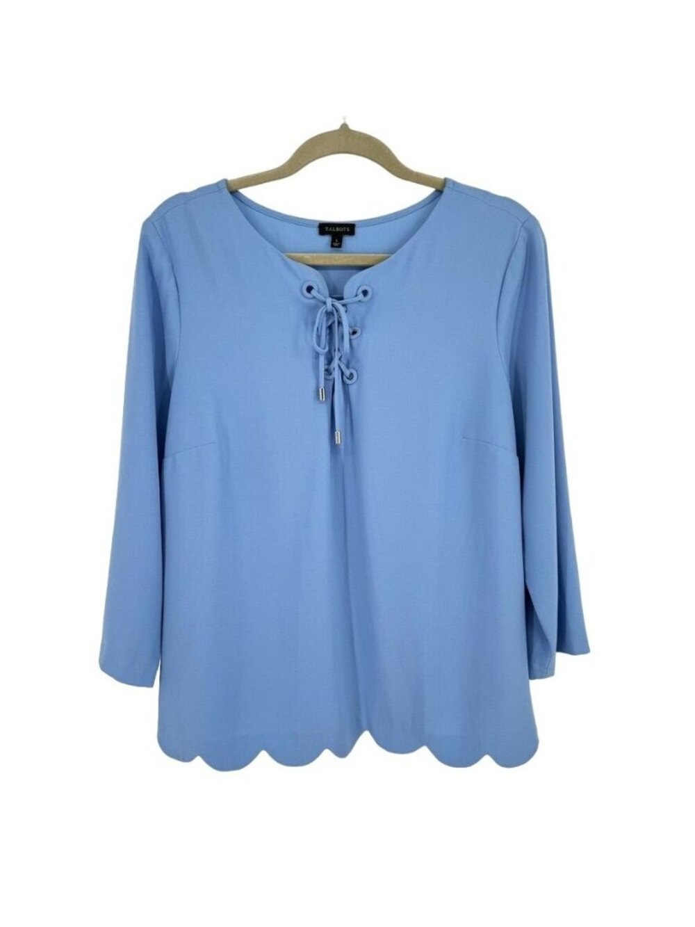 Talbots Blue Lace Up Scallop Hem Blouse Size Large Womens Top 3/4 sleeve
